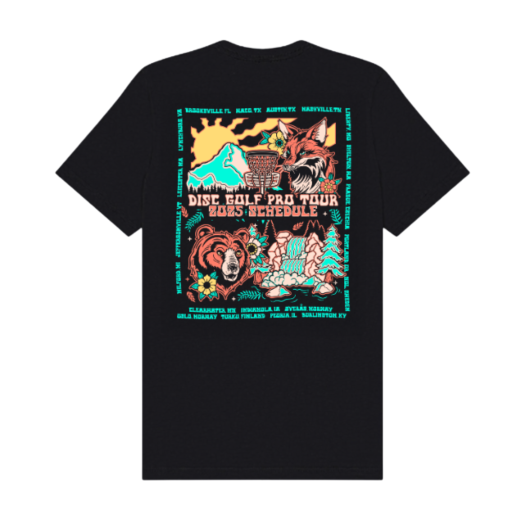 Concert Themed 2025 Tour Schedule T-Shirt - Black – Disc Golf Pro Tour Concert Themed 2025 Tour Schedule T-Shirt - Black – Disc Golf Pro Tour